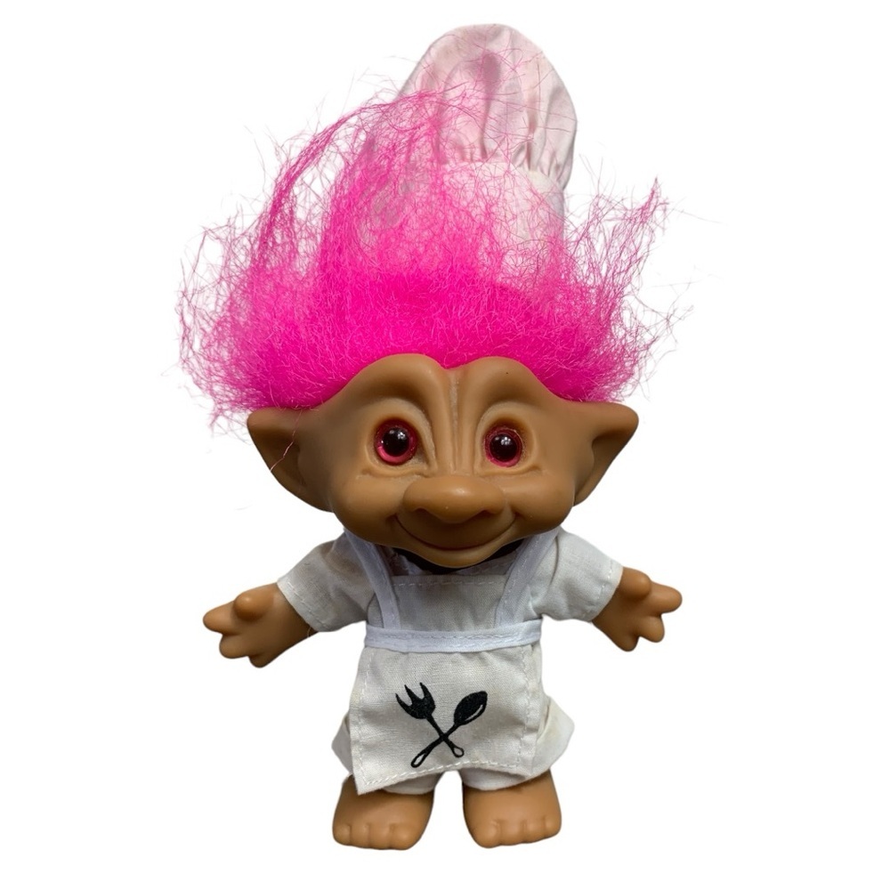 Vtg Ace Novelty Treasure  Troll Doll Pink Hair Chef Apron With Hat Wishstone 90s